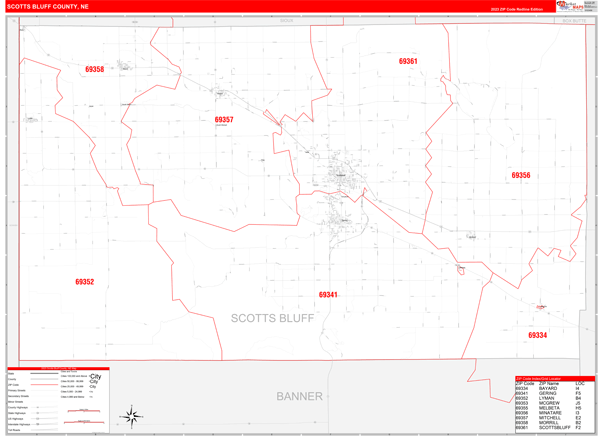 Scotts Bluff County Wall Map Red Line Style
